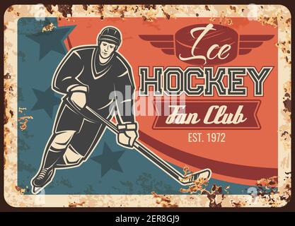 Eishockey Sport Fanclub rostigen Metallplatte. Eishockey-Mannschaftsspieler in Helm und Handschuhe, Eislaufen mit Stick-Vektor. Winter Sport Team Spiel Fanclub r Stock Vektor