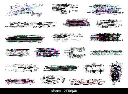 Glitch Textures Vektor-Satz von digitalen Pixel Rauschen, tv-Bildschirm und TV-Static Fehler, VHS-Video-Verzerrung, Computer-Code-Fehler, kein Signal effektiv Stock Vektor