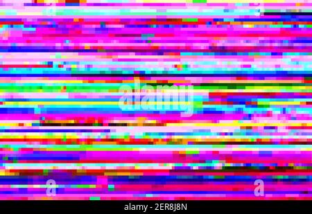 Abstrakter Hintergrund mit Glitch-Effekt, Vektorverzerrung, geglitched farbigen horizontalen Streifen und zufällige Pixel auf TV-Set oder Videokamera SCR Stock Vektor