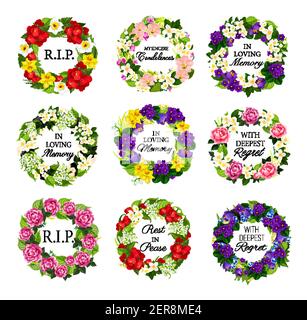 Beerdigung Blumenkranz mit Beileid Set. Beerdigung Vektor rund floralen Rahmen mit Pfingstrose, Narzissen und Jasmin, Viola, Krokus und Maiglöckchen Stock Vektor