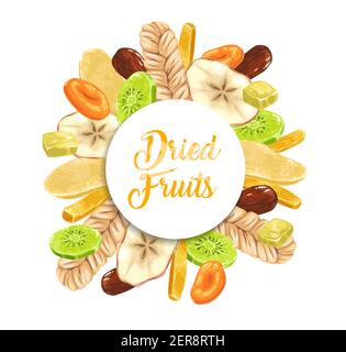 Getrocknete Früchte vegetarische Dessert Shop rund Banner. Trockene Melone, kandierter Ingwerstreifen und Apfelscheibe, Aprikose, Datteln und Kiwi-Ring, Mango-handgezeichnetes Vec Stock Vektor