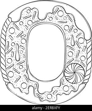 Brief O. Lebkuchen Cookies in Form von Buchstaben. Cartoon Vektor-Schriftart in Hand gezeichnet Linie Art Stil isoliert auf weißem Hintergrund. Logo-Vorlage für Schriftzüge. Malbuch Design. Stock Vektor