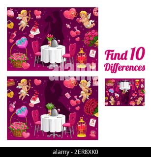 Kinder Spiel finden zehn Unterschiede. Vector Valentinstag Rätsel mit küssen paar, romantische Abendessen Elemente. Pädagogische Kinder Puzzle, Vorschule leis Stock Vektor