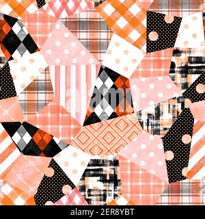 Trendige Nachahmung genähte Stoffstücke im Patchwork-Stil. Aquarell von Hand gezeichnete moderne Nahtlosmuster. Collagestruktur mit geometrischen Drucken. Prin Stockfoto