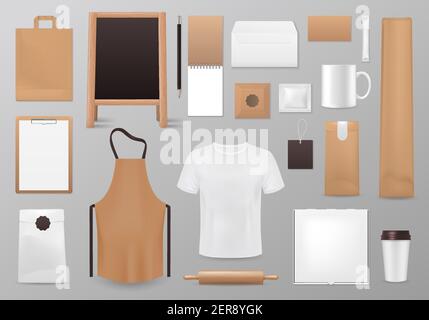 Kochen Identität Vektor Mockup. Realistisches 3D Blanko-T-Shirt, Kreidetafel-Menü und Papierbeutel, Notizblock mit Stift, Clipboard und Tasse. Schürze, Einweg-Becher Stock Vektor