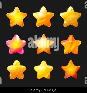 Cartoon-Sterne Vektor-Symbole Set, Rate oder ui Design-Elemente gelb golden glänzende Sterne. Spielelemente für App-Benutzeroberfläche und Punktestand, Gewinner ac Stock Vektor