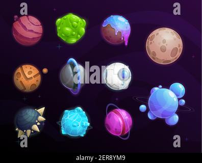 Planeten der Fantasie Raum Cartoon Vektor-Set, Spiel ui, gui oder Benutzeroberfläche Design. Galaxienuniversum von außerirdischen Welt mit Planeten, Sternen, Asteroiden und Stock Vektor