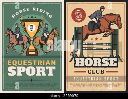 Pferdesport, Reiten und Rennen auf Hippodrome Vintage Plakate. Vector Jockeys Wettbewerbe, professionelle Fahrt. Reiten Sport Club gr Stock Vektor