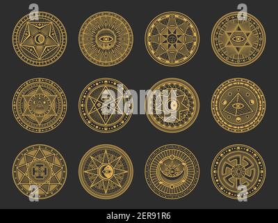 Magische Symbole mit Vektor-Alchemie und okkulte Wissenschaft, esoterische Religion und Astrologie mystische Zeichen. Goldene Kreise mit Sonne, Mond und spirituellem Auge, Tri Stock Vektor