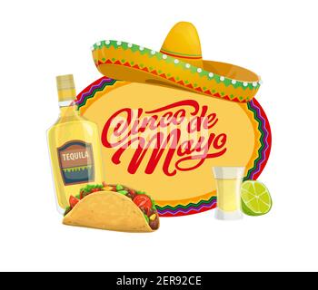 Cinco de Mayo Vektor-Symbol mit traditionellen mexikanischen Symbolen Sombrero Hut, Tequila mit Limette und Glas Schuss und Tacos. Typografie und Zickzack Ornament. C Stock Vektor