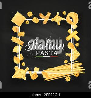 Italienische Küche Restaurant Pasta Rahmen. Italienische Ravioli, fagottini und Stelle, eliche, radiatori und Tortellini, Cannelloni, Funghetto und Bucatini sp Stock Vektor