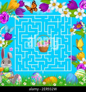 Kinder Labyrinth Spiel Hilfe Osterhase wählen Sie den richtigen Weg, um Eier Korb in quadratischen Labyrinth Mitte zu bekommen. Vektor-Puzzle finden richtigen Pfad Brettspiel. Aufgabe mit Stock Vektor