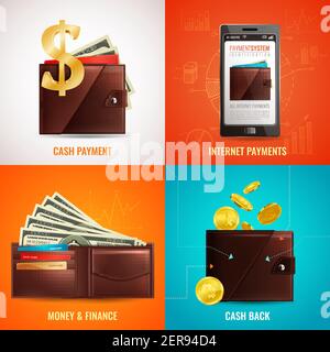 Realistisches Portemonnaie-Designkonzept mit Bildern von klassischem Leder-Billford Münzzahlungssymbole und Smartphone-Anwendungsvektor Illustration Stock Vektor