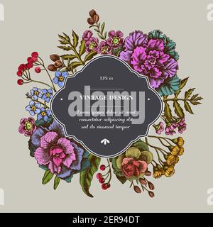 Abzeichen über Design mit Wachs Blume, Vergiss mich nicht Blume, Tansy, ardisia, brassica, dekorative Kohl Stock Illustration Stock Vektor