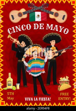 Cinco de Mayo Festival Vektor Flyer mit mexikanischen Musikern Mariachi Musikband Cartoon-Figuren spielen Gitarre, Trompete und Maracas. Mexikanische Männer in Stock Vektor