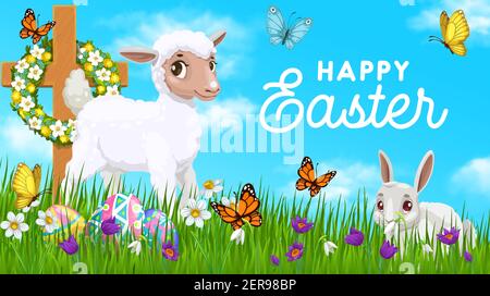 Frohe Ostern Urlaub Vektor-Poster mit weißen Kaninchen und Schafe. Grußkarte mit niedlichen Cartoon Hase und Lamm, christian Kreuz und Eier auf grünen Met Stock Vektor