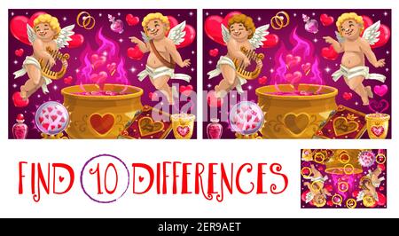 Finden Sie zehn Unterschiede Valentinstag logisches Spiel für Kinder mit Cupids. Kind Puzzle-Spiel, Spotting Aktivität. Cherub spielt auf Leier, Liebestrank in cau Stock Vektor