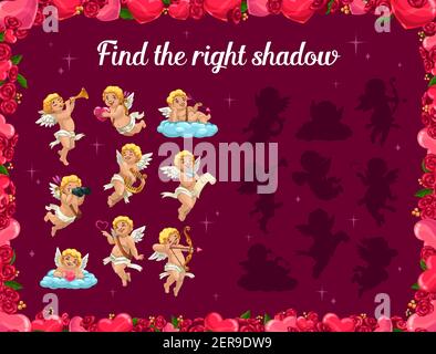 Kinder Spiel finden richtigen Schatten mit Cartoon-Cupids für Valentinstag Urlaub. Logikaktivität für Kinder, pädagogisches Arbeitsblatt für Vorschule oder Kindergarten, Stock Vektor