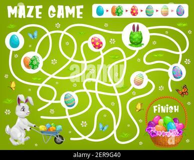 Kinder Labyrinth Spiel Hilfe Ostern Kaninchen wählen Sie den richtigen Weg, um Eier zu bekommen. Vector Labyrinth Puzzle, finden richtigen Weg Brettspiel. Aufgabe mit verwickelten Pfad und bunn Stock Vektor