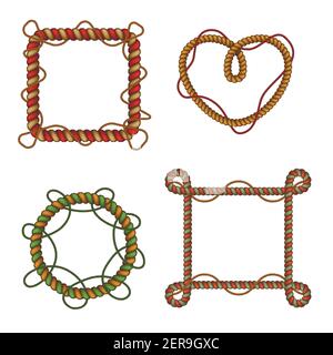 Dekorative bunte Seilrahmen Set rund und quadratisch geformt mit Schlaufen Knoten realistische isolierte Vektor-Illustration Stock Vektor