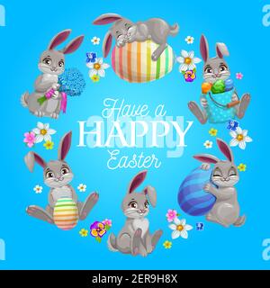 Happy Easter Vektor Kranz mit Hasen, Blumen und verzierten Eiern. Cartoon Grußkarte, runder Rahmen von Kaninchen, Stiefmütterchen und Narzissen Blüten. Osten Stock Vektor