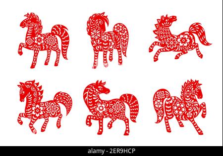 Chinesische Tierkreis Pferd Tier Vektor-Symbole gesetzt. Equine Lunar New year of China symbolische, rot verzierten, astrologischen Horoskop Zeichen isoliert auf weißem Bac Stock Vektor