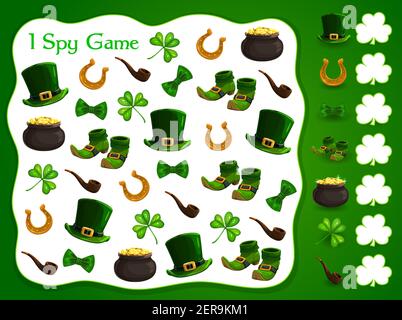 Ich Spion Kinder Spiel mit st Patrick Tag Vektor-Elemente. Entwicklung von Rechnen Fähigkeiten und Aufmerksamkeit, Cartoon Rätsel Seite. Mathe Arbeitsblatt für Kindergarten Stock Vektor