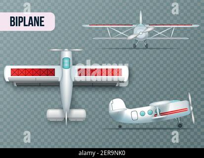 Doppeldecker-Flugzeuge zwei Flügel Flugzeug Oberseite und Vorderansicht Realistische Einstellung Transparente Hintergrund Schatten Vektor Illustration Stock Vektor