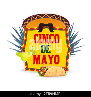 Cinco de Mayo Vektor-Ikone mit mexikanischem Sombrero-Hut, Schnurrbart, Tequila mit Limette und Enchiladas mit azul Agave. Cartoon Cinco de Mayo traditionelle sy Stock Vektor
