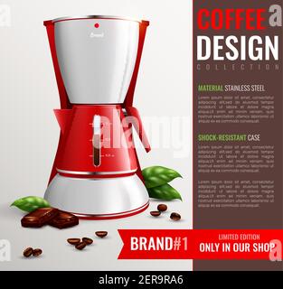 Haushaltküche Haushaltsgeräte Poster mit Werbung für Kaffeemaschine Marke Gehandelt in promoted Shop realistische Vektor-Illustration Stock Vektor