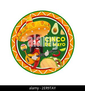 Vektorsymbol „Cinco de Mayo“. Mariachi Chili Pepper in Sombrero spielen Gitarre, Taco, Maracas und Avocado. Mexikanischer roter Pfeffer jalapeno mit Schnurrbart pla Stock Vektor