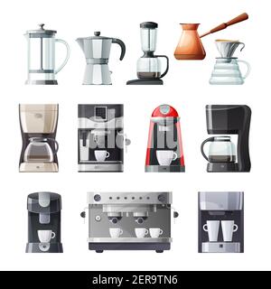 Kaffeemaschine und Vektorsymbole für die Maschine eingestellt. Cartoon Kaffeekanne und Espressomaschine mit Tasse und Tasse, französische Presse, Tropfen, gießen über und türkische cezve, Stock Vektor
