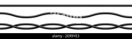 Flexible Kabelsammlung. Schwarzes Elektrokabel. Realistisches Netz- oder Netzwerkkabel. Vektorgrafik. Stock Vektor