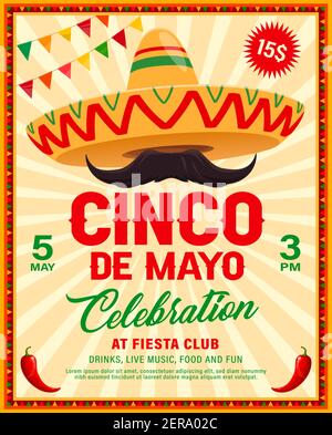 Cinco de Mayo Sombrero Vektor-Flyer der mexikanischen Fiesta Party. Mariachi Musiker Sombrero Hut und Schnurrbart mit roten Chilischoten oder Jalapeno in Rahmen Stock Vektor