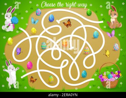 Kinder Labyrinth Spiel Hilfe Osterhasen wählen Sie den richtigen Weg, um Eier Korb zu bekommen. Vektor Labyrinth Puzzle, finden Sie richtige Richtung Brettspiel. Aufgabe mit Gewirr Stock Vektor