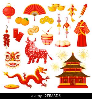 Chinesische Neujahrsfest Feier Symbole gesetzt. Glück und Reichtum Amulette, Feuerwerk, Kleidung und Mahlzeiten, chinesischen Tierkreis Kalender Stier oder Ochse Tier, Stock Vektor