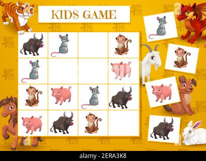 Neujahr Kreuzworträtsel Spiel für Kinder mit chinesischen Tierkreis Tiere. Kinder logische Rebus, Kinder pädagogische Spielaktivität. Tiger, Stier und Ratte, Schwein, Mo Stock Vektor