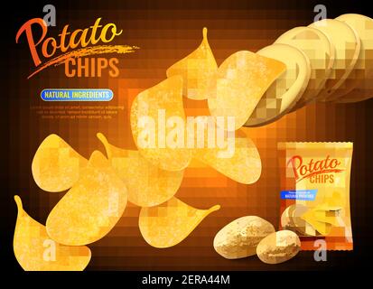 Kartoffel-Chips Werbung Komposition mit realistischen Bildern von Chips natürlich Kartoffeln und Packung Schuss mit Text Vektor Illustration Stock Vektor