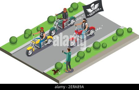 Biker isometrische Zusammensetzung mit Blick auf die Straße Autobahn und drei Motorräder mit Streaming-Flagge von Gang Vektor-Illustration Stock Vektor