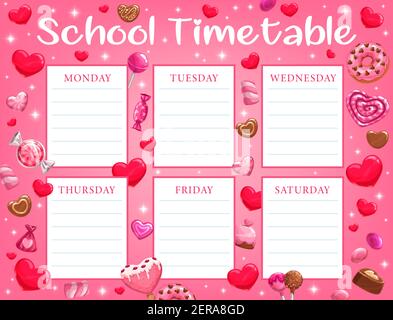 Valentinstag Kinder Schule Zeitplan mit Urlaub Süßigkeiten. Vorlage für einen Wochenplaner für Kinder, Unterrichtsstunden oder Trainingsplan. Lollypop, Schokolade und Stock Vektor