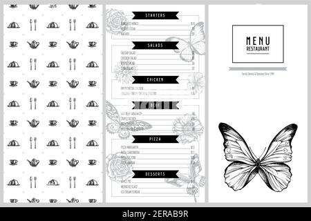 Vintage Menü Design mit Sakura, Mohn Blume, Ringelblume, menelaus blau morpho, blau morpho, afrikanischer Riesenschwanzschwalbenschwanz, Papilio torquatus, Rosen Stock Vektor