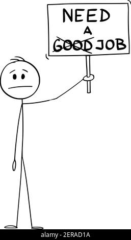 Geschäftsmann, Mann oder arbeitsloser Arbeitnehmer Holding brauchen ein Jobschild. Arbeits- und Arbeitskonzept. Vektor Cartoon Stick Figur oder Figur Illustration. Stock Vektor
