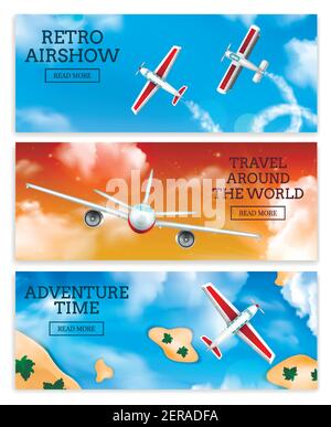 Retro Airshow und Reisebüro Fluggesellschaften Anzeige 3 realistisch horizontal Banner mit fliegenden Flugzeugen isoliert Vektor-Illustration Stock Vektor