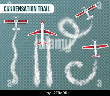 Flugzeuge mit verschiedenen Formen Kondensstreifen Elemente realistische Set top Ansicht vor transparentem Hintergrund isolierte Vektordarstellung Stock Vektor