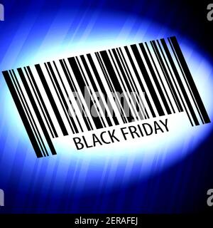 Black Friday - Barcode mit futuristischem blauen Hintergrund Stockfoto