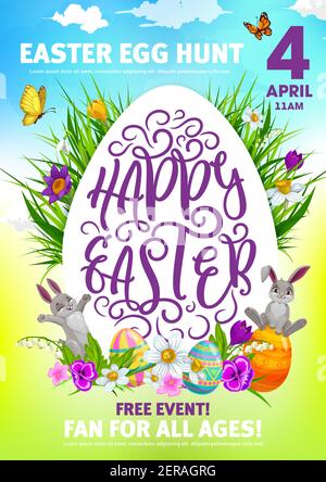 Ostern Urlaub Vektor-Flyer mit niedlichen Cartoon-Kaninchen, verzierte Eier, Blumen, grüne Gras und Schmetterlinge. Frohe Ostern christian Frühling Promi Stock Vektor