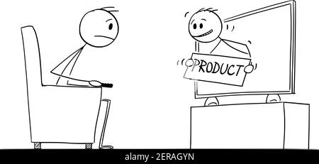 Mann vom TV-Werbeprodukt zum Zuschauer. Vektor Cartoon Stick Figur oder Figur Illustration. Stock Vektor
