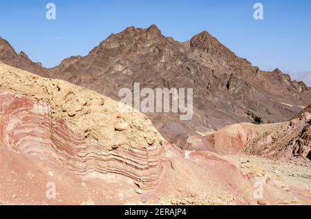 Bunt gestreifte und geschichtete Sandsteinformation in der Nähe des kurzen Wanderweges zu den „Säulen des Amram“ Nahal Amram, Negev Wüste, Süd-Israel Stockfoto