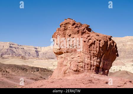 Sandsteinfelsen genannt „Mushroom and a Half“, auch „one and a Half Mushroom“, eine beliebte Sehenswürdigkeit und Wanderung im Timna Park im Süden Israels Stockfoto