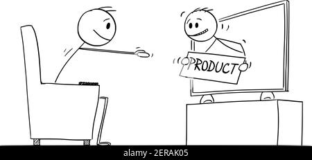 Mann vom TV-Werbeprodukt zum Zuschauer. Vektor Cartoon Stick Figur oder Figur Illustration. Stock Vektor